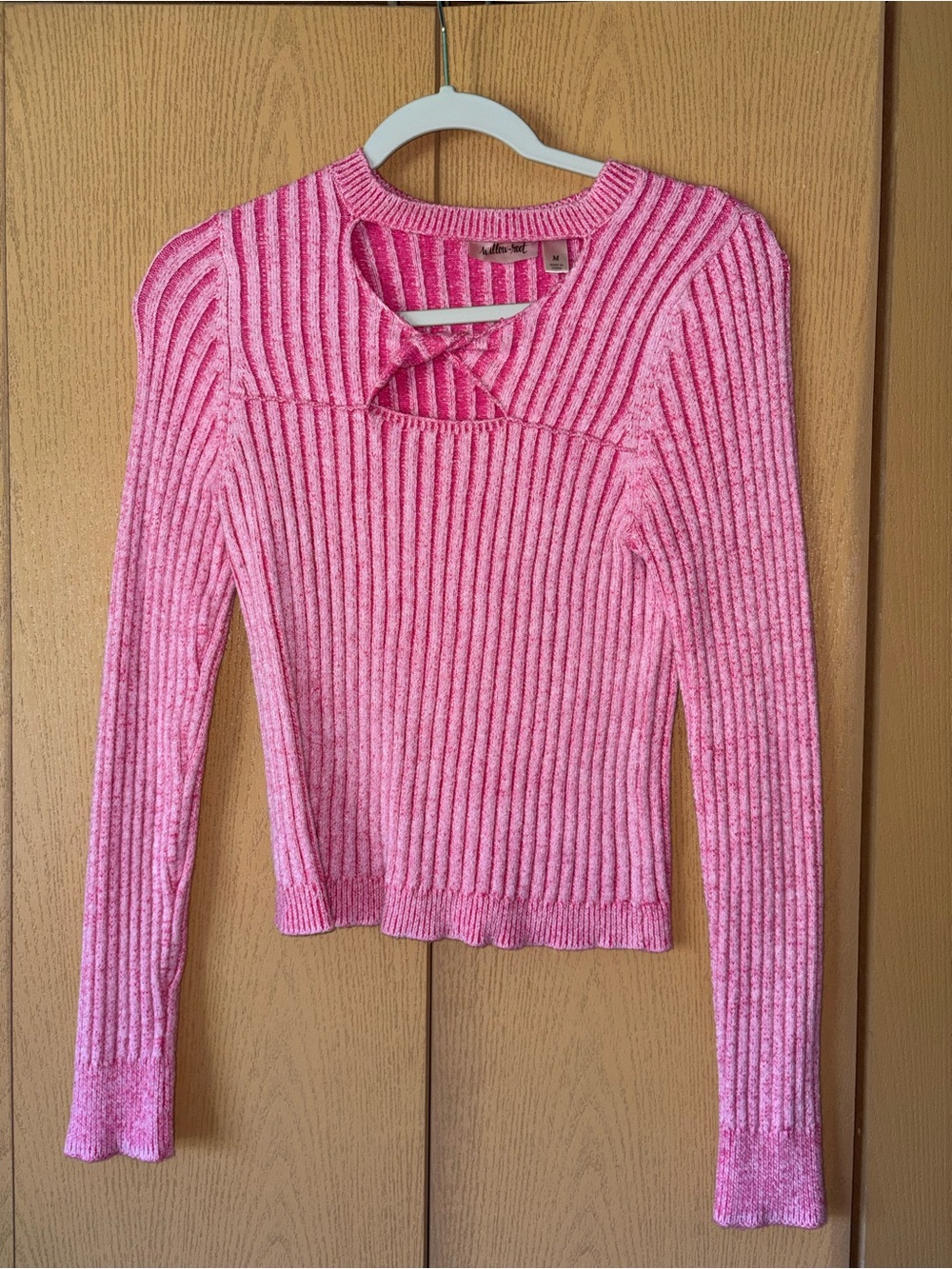Pink Ribbed Long Sleeve Cutout Top